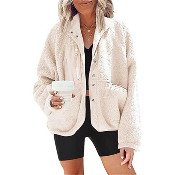 Womens Fuzzy Fleece Jacket Button Down Sherpa Coats Casual Winter Warm Outerwear - Picture 7 of 7